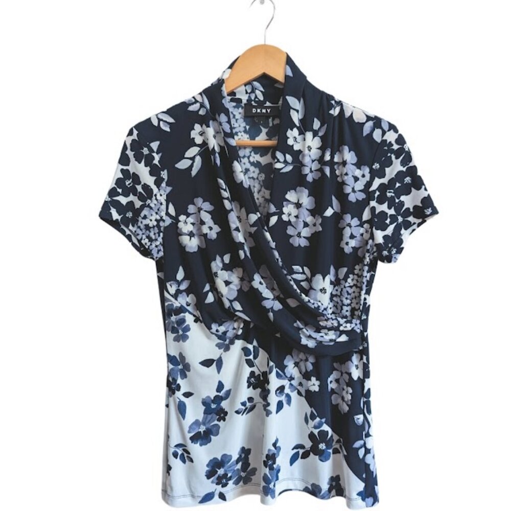 DKNY Drape Wrap Floral Navy Blue Blouse